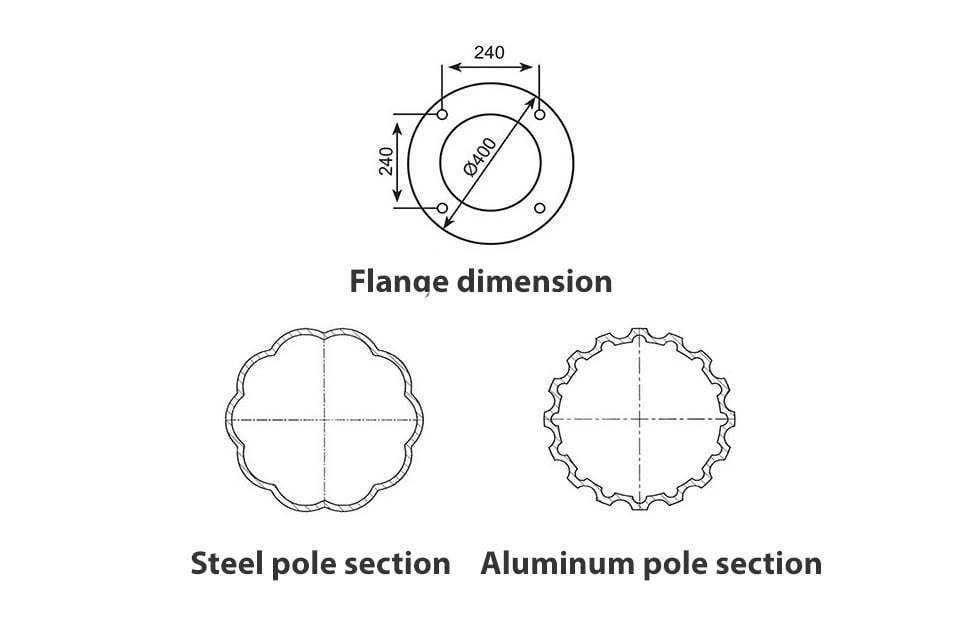 Modern Aluminum 4 Globe Street Lighting Pole cross section